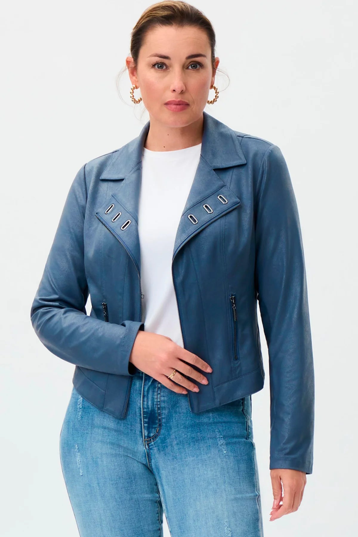 Women s Joseph Ribkoff Faux Leather Moto Jacket Mineral Blue