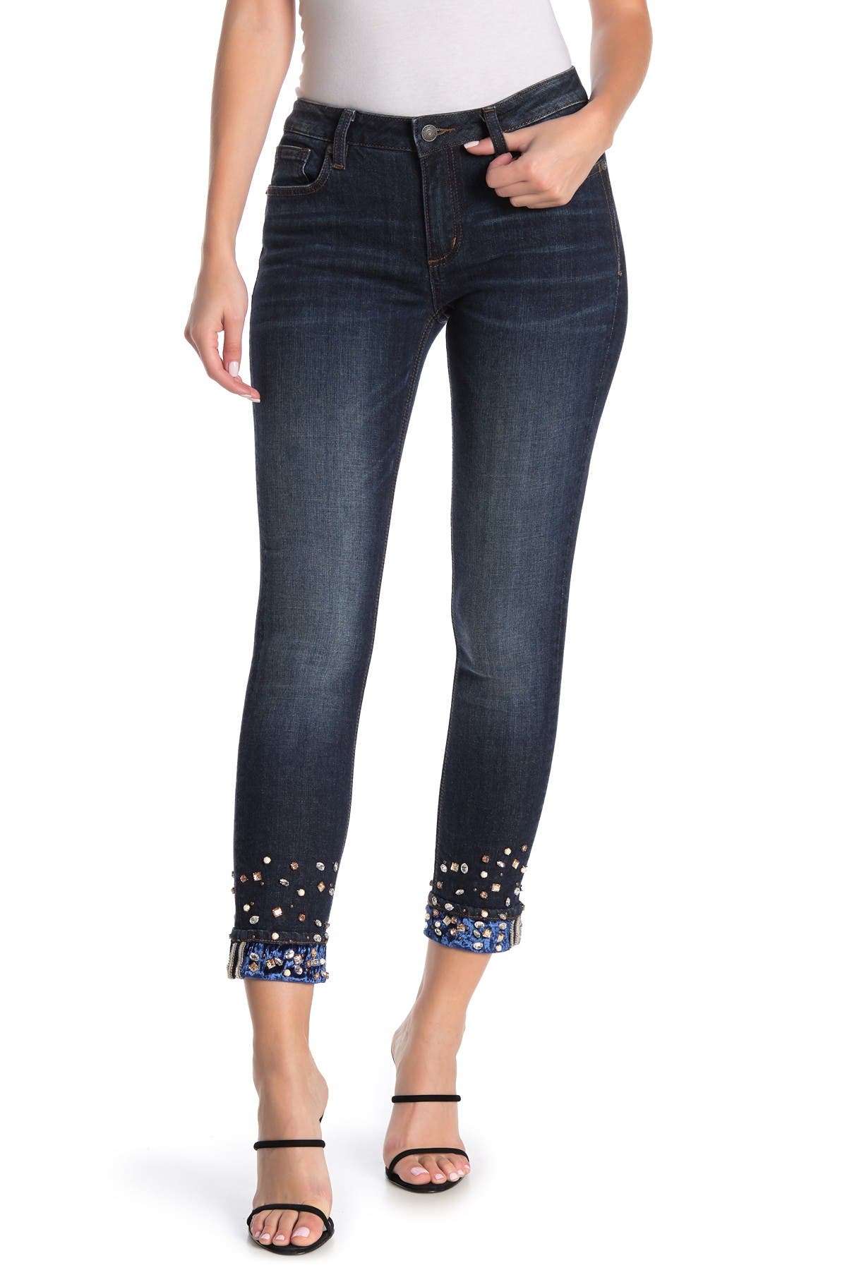 Women's Miss Me Blue Velvet Cuffed Ankle Skinny Jeans Dark