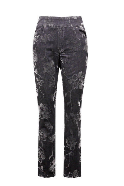 Women's Joseph Ribkoff | Velveteen Floral Print Pull On Pant |Charcoal